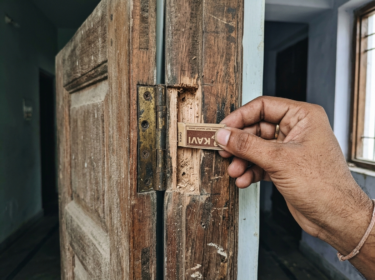 Inserting matchbox cardboard shim into door hinge mortise recess on wooden frame