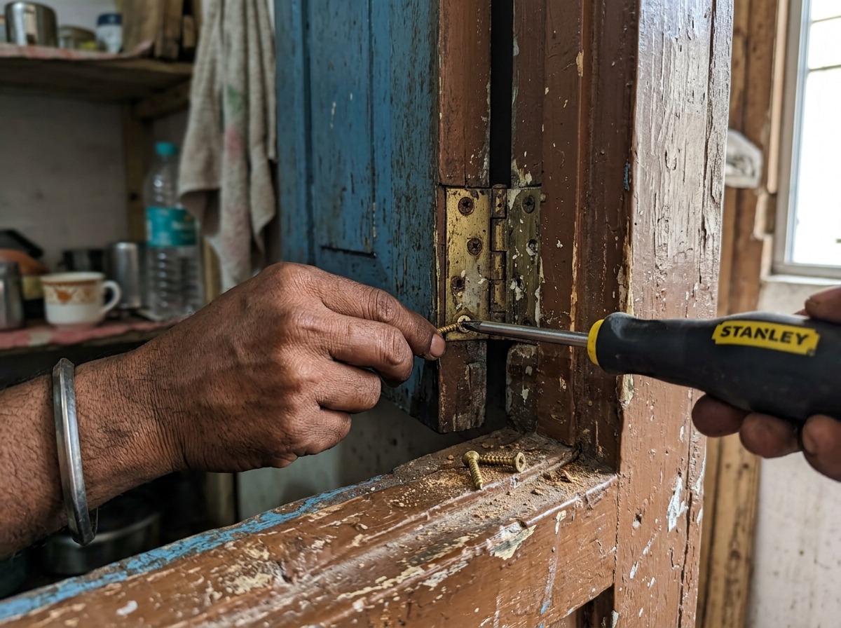 Unscrewing the door hinge leaf from wooden frame with a Phillips screwdriver