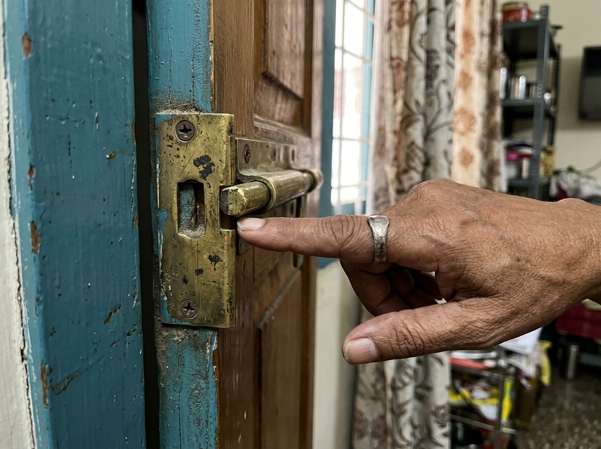 Indian home door latch bolt misaligned against metal strike plate on wooden frame
