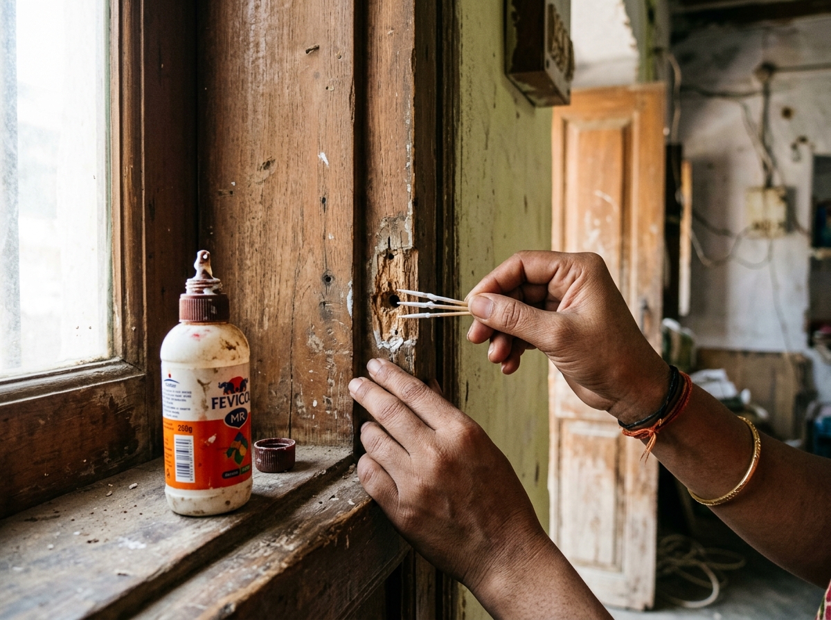 Inserting Fevicol glue coated toothpicks into stripped screw hole on wooden door frame