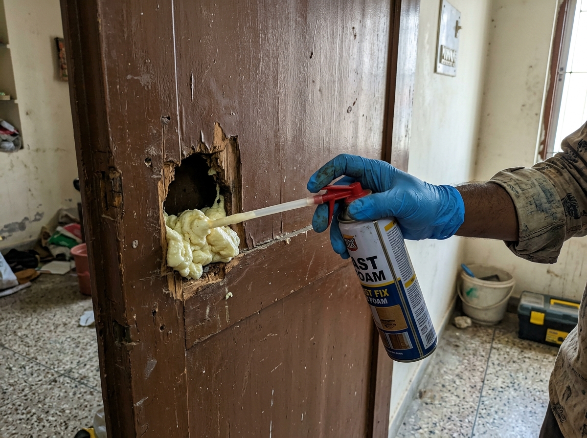 Spraying polyurethane expanding foam into hollow door cavity