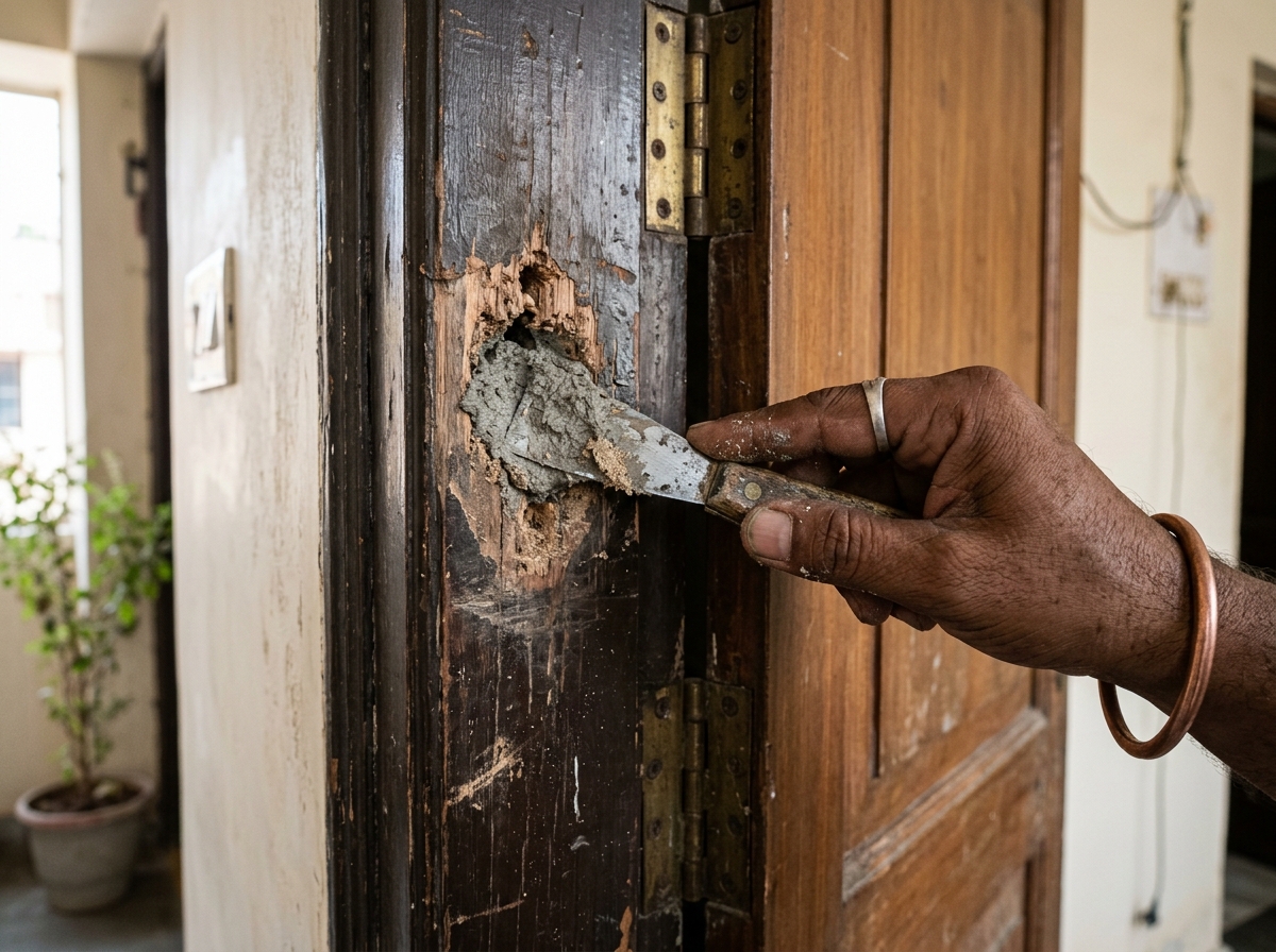 Pressing thick epoxy paste mixture into a large stripped screw hole on wooden door frame