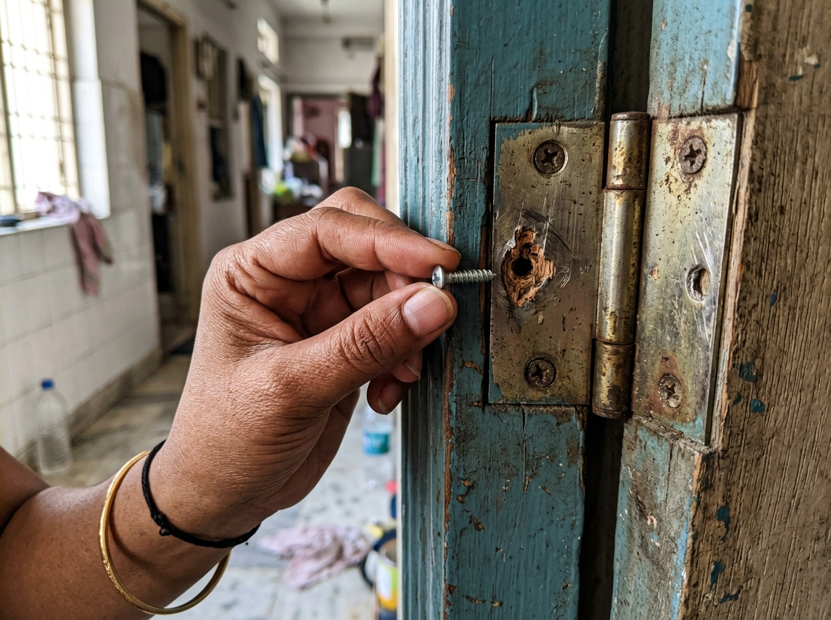Holding loose screw next to stripped screw hole on wooden door frame hinge