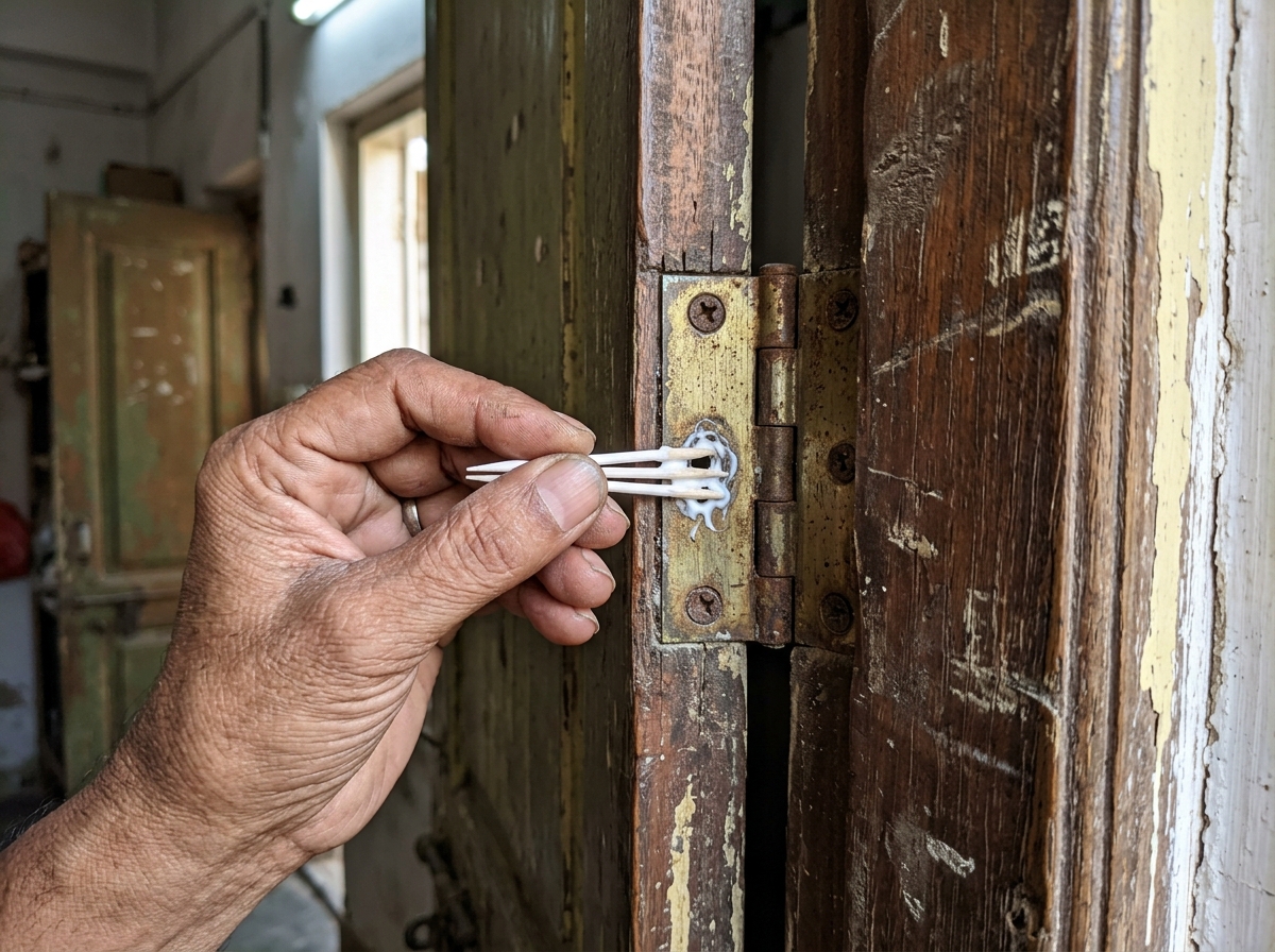 Inserting glue-coated wooden toothpicks into stripped screw hole on wooden door hinge